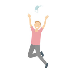Caucasian boy rejoice at quarantine cancellation and throw medical mask. Vector illustration.