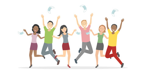 People rejoice at pandemic ending and throw medical masks. Vector illustration.
