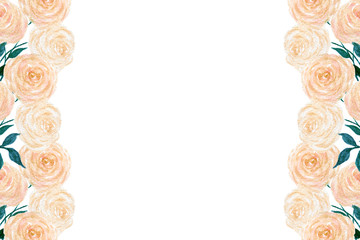 peach roses frame, vintage roses background with copy space for card, invitation or mothers day, romantic botanic illustration