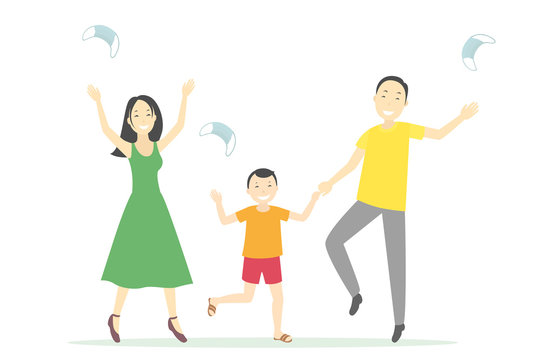 Asian Family Rejoice At Self-isolation Cancellation. Vector Illustration.