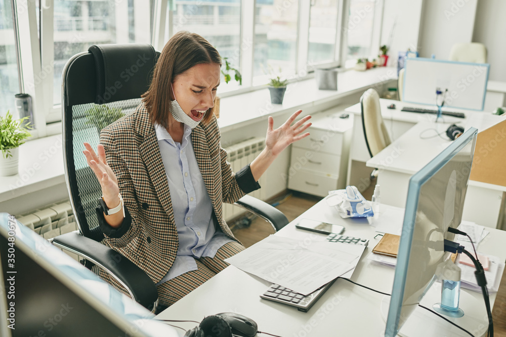 Poster annoyed young female manager screaming in empty office when has found out problem with contract duri