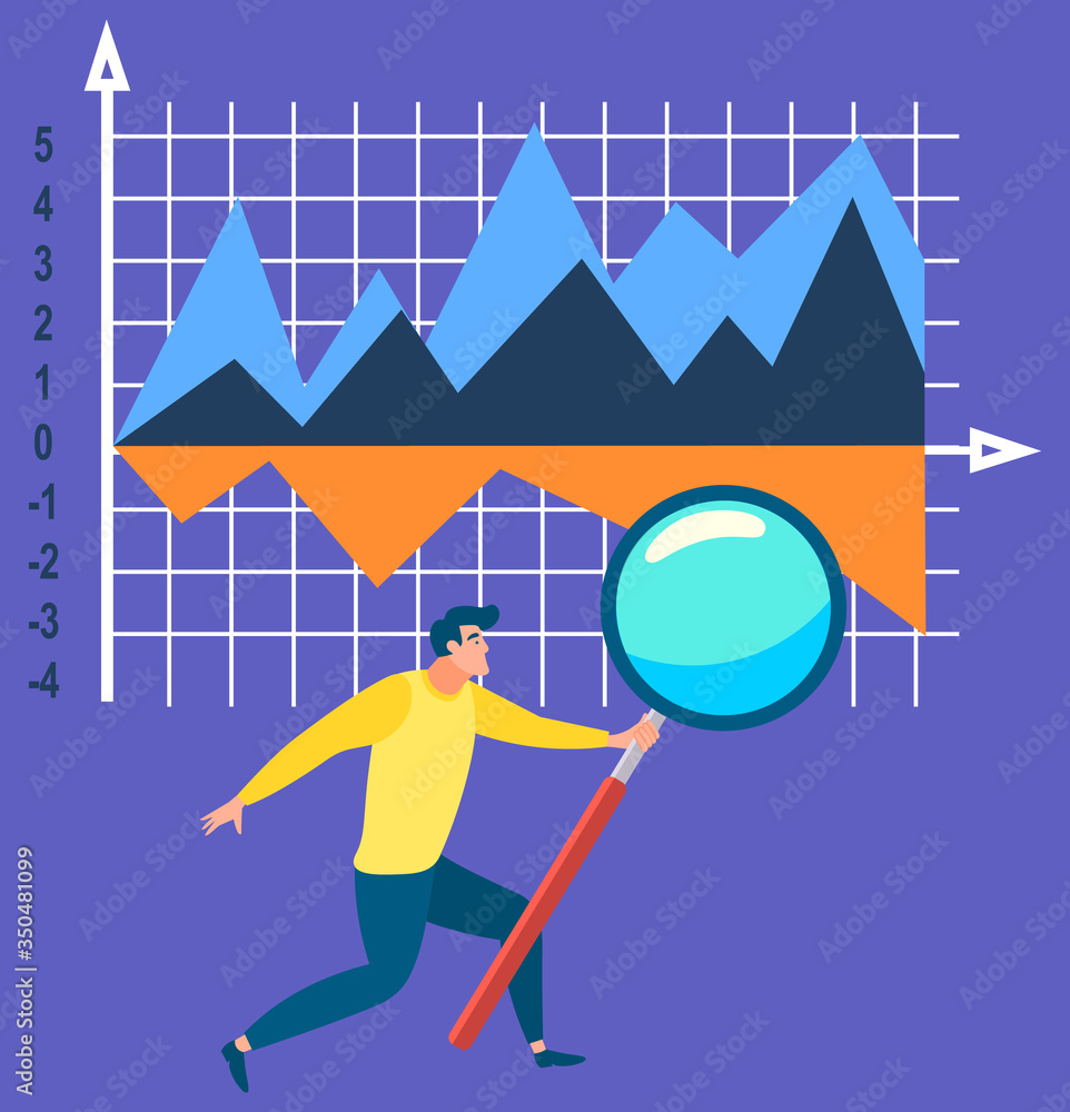 Poster man standing near statistics chart and looking on it through magnifying glass. data graph on coordin