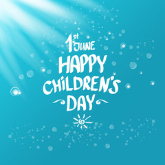 1 june international childrens day icon or label isolated on azure blue sky background with lights and bubbles. happy Children day greeting card. kids day poster. Children day shiny banner