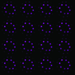 Vector seamless pattern with doughtnut-like shapes made of little bright purple stars on black background