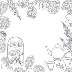 English tea vector background. Teapot, cups, cakes and garden flowers. Sketch  illustration.