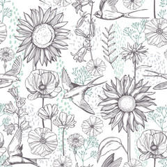 Obraz premium Hand drawn meadow flowers and swallows. Vector seamless pattern
