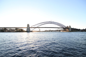 Harbor bridge with clear blue sky and blue water