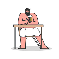 Concept Of Rest, Leisure. Undressed Man Sitting In Sauna At Table Wrapped With Towel And Drinking Mug Of Cold Beer After Bathhouse Procedures. Cartoon Linear Outline Flat Style. Vector Illustration
