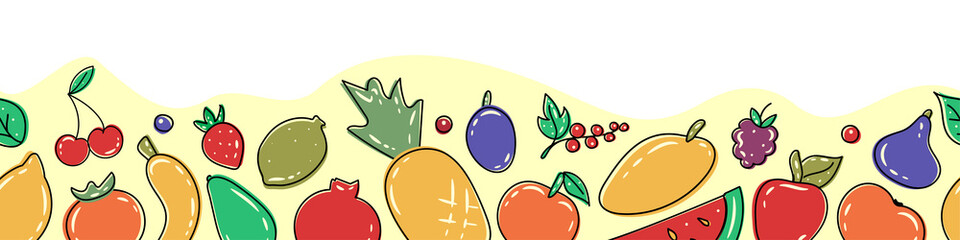 Horizontal seamless banner template with fresh organic summer fruits and berries. Decorative vector illustration for advertisement, promotion. Healthy food, juicy fruits