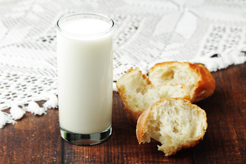 A glass with milk on a wooden rustic table	
