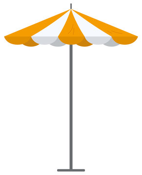 Big orange striped market summer outdoor umbrella isolated on white background. Parasol beach protection form sun and rain flat vector illustration