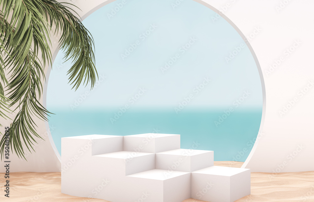 Aufkleber natural summer beach backdrop with white stair and palm tree for product display. abstract 3d summer