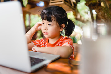 Asian student girl online learning class study.Online video call zoom teacher, Happy girl learn...