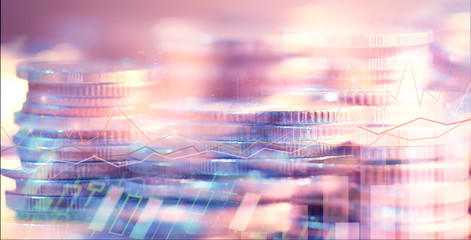 Financial investment concept, Double exposure of city night and stack of coins for finance investor, Forex trading candlestick chart, Cryptocurrency Digital economy. background for invest, recession.