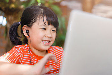 Asian student girl online learning class study.Online video call zoom teacher, Happy girl learn...