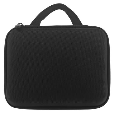 Black bag carrying case isolated on white background close-up.