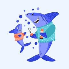 Cartoon shark family blow bubbles vector flat illustration. Colorful cute parent and child fish having fun together isolated on white background. Two smiling creatures in woolen sweater