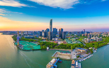 Obraz premium Aerial photography of CBD of Jinji Lake and East Lake in Suzhou City, Jiangsu Province, China