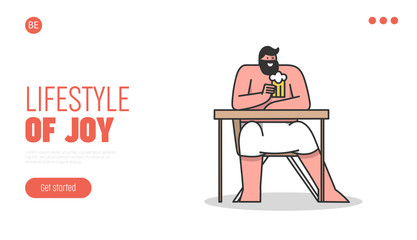 Concept Of Rest And Leisure. Website Landing Page. Undressed Man Sitting In Sauna At Table Wrapped With Towel And Drinking Mug Of Cold Beer. Web Page Cartoon Linear Outline Flat Vector Illustration
