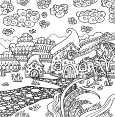 fairy tale house faerie  forest field fields ornate cute lined doodle coloring book page black and white background