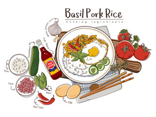 Basil Pork Rice with Ingredients Set. Thailand Cuisine Recipe Illustration.