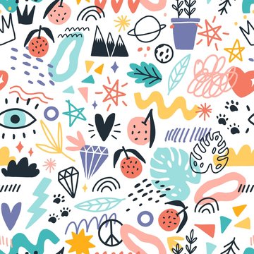 Colorful various plants, symbols and doodle design elements seamless pattern vector flat illustration. Bright different hand drawn fruit, heart, star, eye and trendy curve on white background