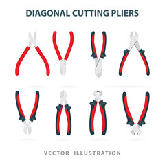 Different diagonal cutting pliers and wire cutters realistic vector illustrations set. 