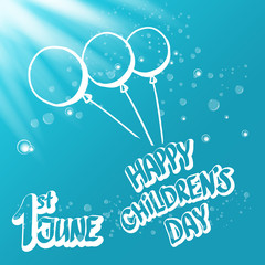 1 june international childrens day icon or label isolated on azure blue sky background with lights and bubbles. happy Children day greeting card. kids day poster. Children day shiny banner