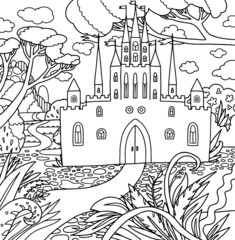 castle cute lined doodle forest grass clouds coloring book page, black and white background