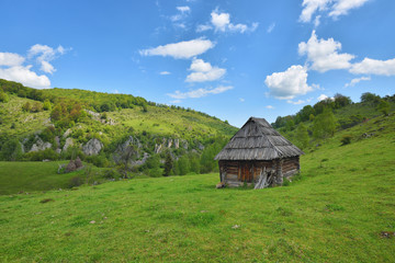 Fototapeta na wymiar Lonely old wood house on a mountain hill with green grass against blue sky