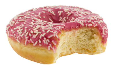 Close-up of a donut with pink icing isolated on a white background.