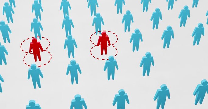 Social distancing concept people standing away to prevent COVID-19 corona virus disease 3D illustration, people keeping a circular distance boundary in modern isometric style 3D rendering.
