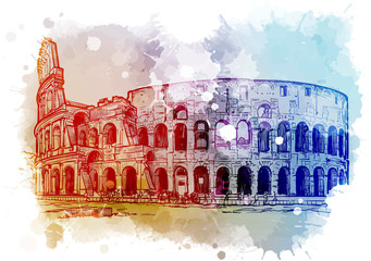 Coliseum in Rome, Italy. Vintage design. Linear sketch on a watercolor textured background. EPS10 vector illustration