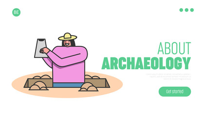 Archeology Excavation Concept. Website Landing Page. Archaeologist Woman Researching And Making Excavation Of Ancient Animals Remains. Web Page Cartoon Linear Outline Flat Style. Vector Illustration