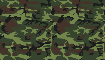 Fototapeta premium Camouflage pattern background vector. Classic clothing style masking camo repeat print. Virtual background for online conferences, online transmissions. Green brown black olive colors forest texture