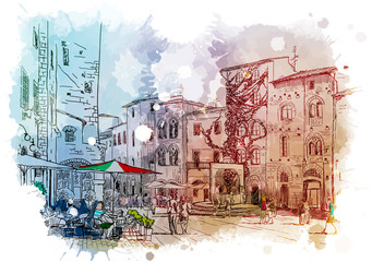 Street panorama in San Gimignano, Italy. Vintage design. Linear sketch on a watercolor textured background. EPS10 vector illustration