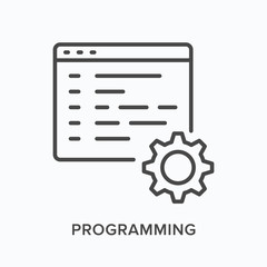 Fototapeta premium Programming flat line icon. Vector outline illustration of computer code with gear. Software development, coding thin linear pictogram