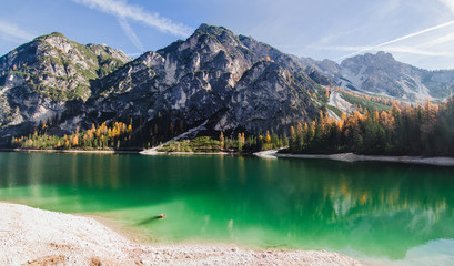 Panoramic view of Lake Braies in South Tyrol, Italy