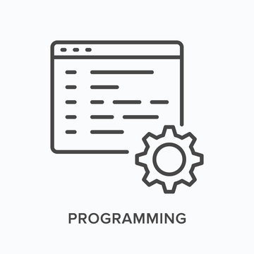 Programming flat line icon. Vector outline illustration of computer code with gear. Software development, coding thin linear pictogram