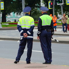 Road inspection service of the Russian police Admiralteyskaya naberegnaya, Saint Petersburg, Russia October 2017