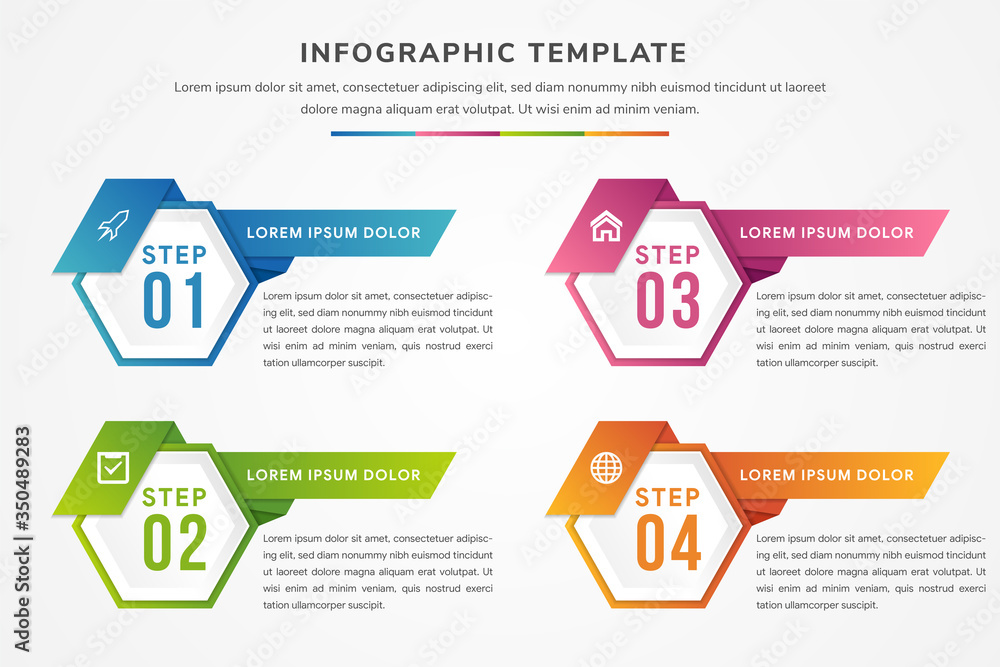 Poster four gradient color separate hexagonal elements with diagonal shape for title and numbers inside. co