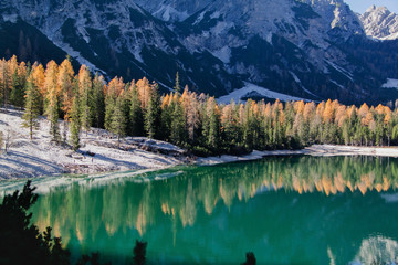Reflection on Lake Braies in South Tyrol, Italy