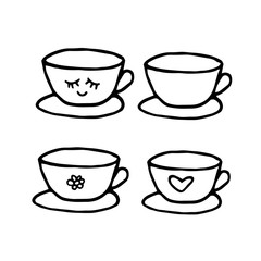cup and saucer hand drawn set of elements in doodle style. vector scandinavian monochrome minimalism. tea, coffee, kitchen, comfort, cafe, drink, menu, icon