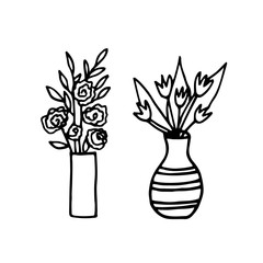 Vases with flowers. Hand drawn set of elements in doodle style. vector scandinavian monochrome minimalism. collection cozy home, hygge, tulips, roses