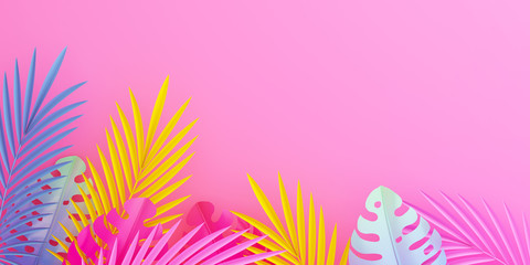 Tropical pink blue yellow pastel palm and monstera leaves  banners, template, layout, flyer, leaflet,  invitation card design, summer background, copy space text area, 3D rendering illustration.