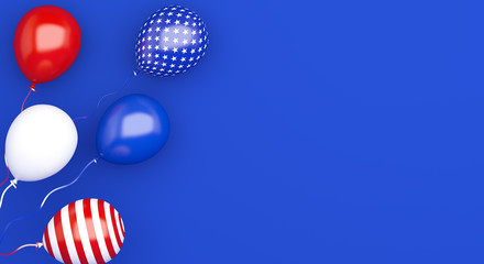 4th of July, Happy Independence Day of the USA greeting card, banner, template, flyer, layout, balloon flag on blue background, copy space text, 3D rendering illustration.