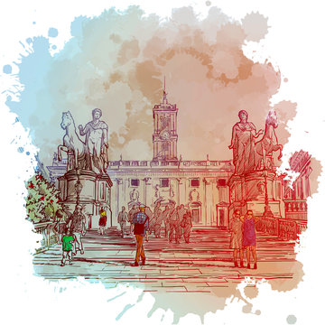 Cordonata - a stairway to the Capitol hill in Rome, Italy. Vintage design. Linear sketch on a watercolor textured background. EPS10 vector illustration