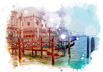 Fototapety  Molo łodzi na Canale Grande. Piazza San Marco z Pałacem Dożów na tle. Wenecja, Włochy. Zabytkowy projekt. Liniowy szkic na tle akwarela teksturowanej. Ilustracja wektorowa eps10