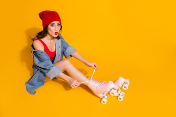 Top above high angle view full size photo of funny cute trend youth girl sit floor tie shoes lace...