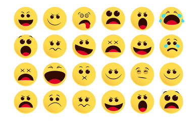 Emoticon smiley icon vector set. Smileys emoji and flat emoticon in different facial expression like sad, surprise, sleepy and crying isolated in white background. Vector illustration. 